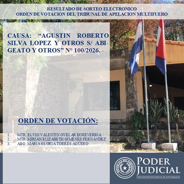 Resultado de Sorteo Electrónico para designación de Miembro Preopinante. 

Fecha 01/06/2026

TRIBUNAL DE APELACIÓN MULTIFUERO DE ALTO PARAGUAY